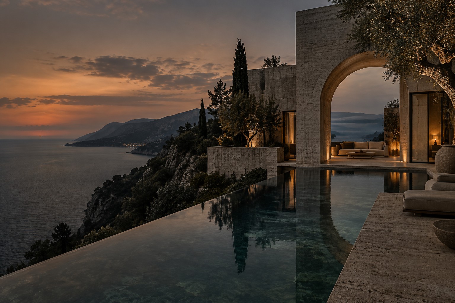 Travertine retreat above a Mediterranean bay at sunset, with an arch and infinity pool