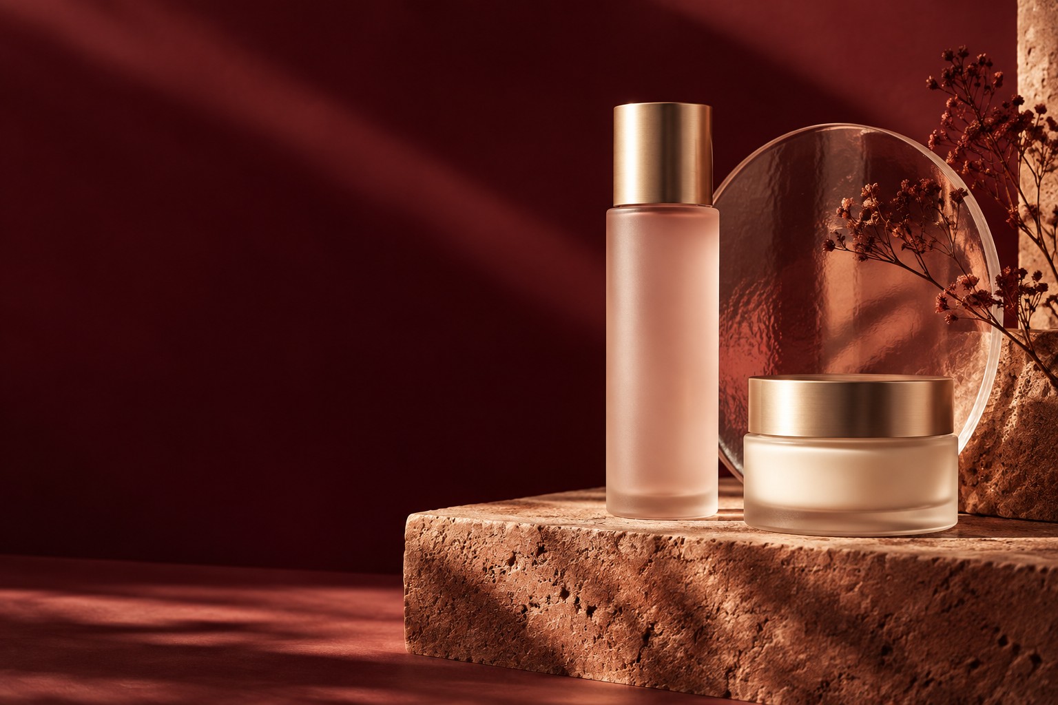 Frosted blush skincare bottle and ivory jar on sculptural terracotta with champagne metal details