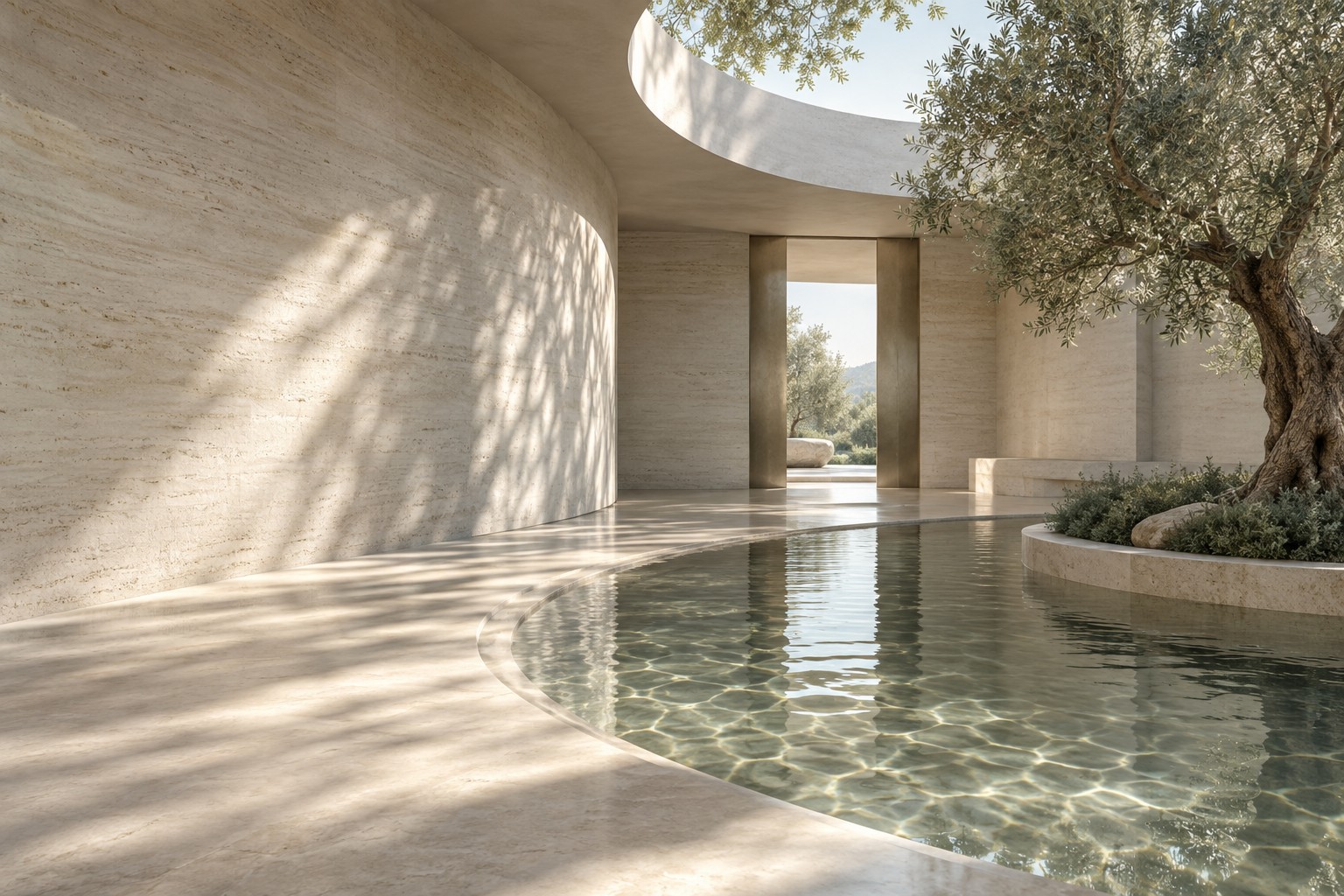 Quiet travertine wellness sanctuary with circular skylight, olive tree and reflecting water