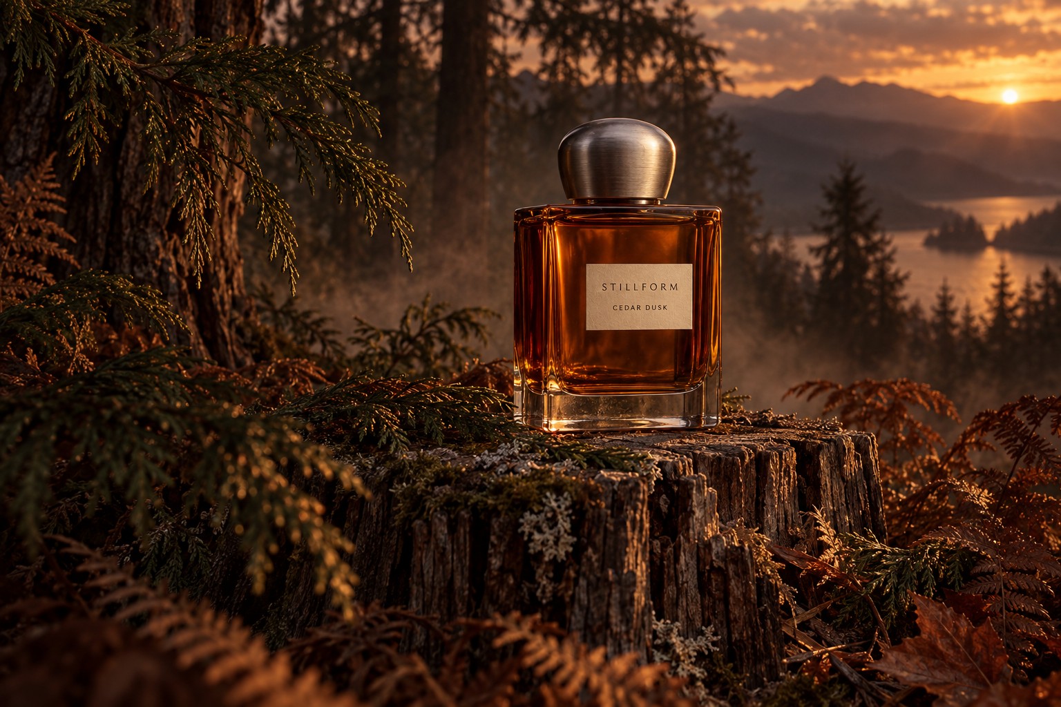 Amber Cedar Dusk perfume on a cedar stump in a golden woodland at dusk