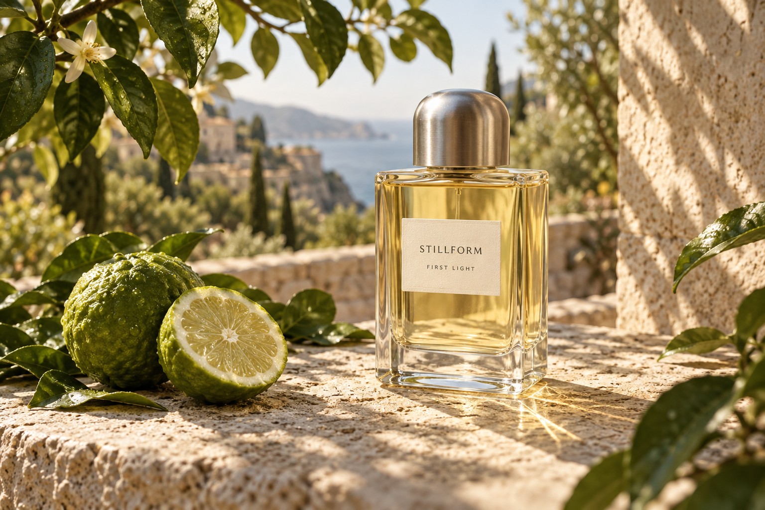 Golden First Light perfume with fresh bergamot on sunlit Mediterranean limestone
