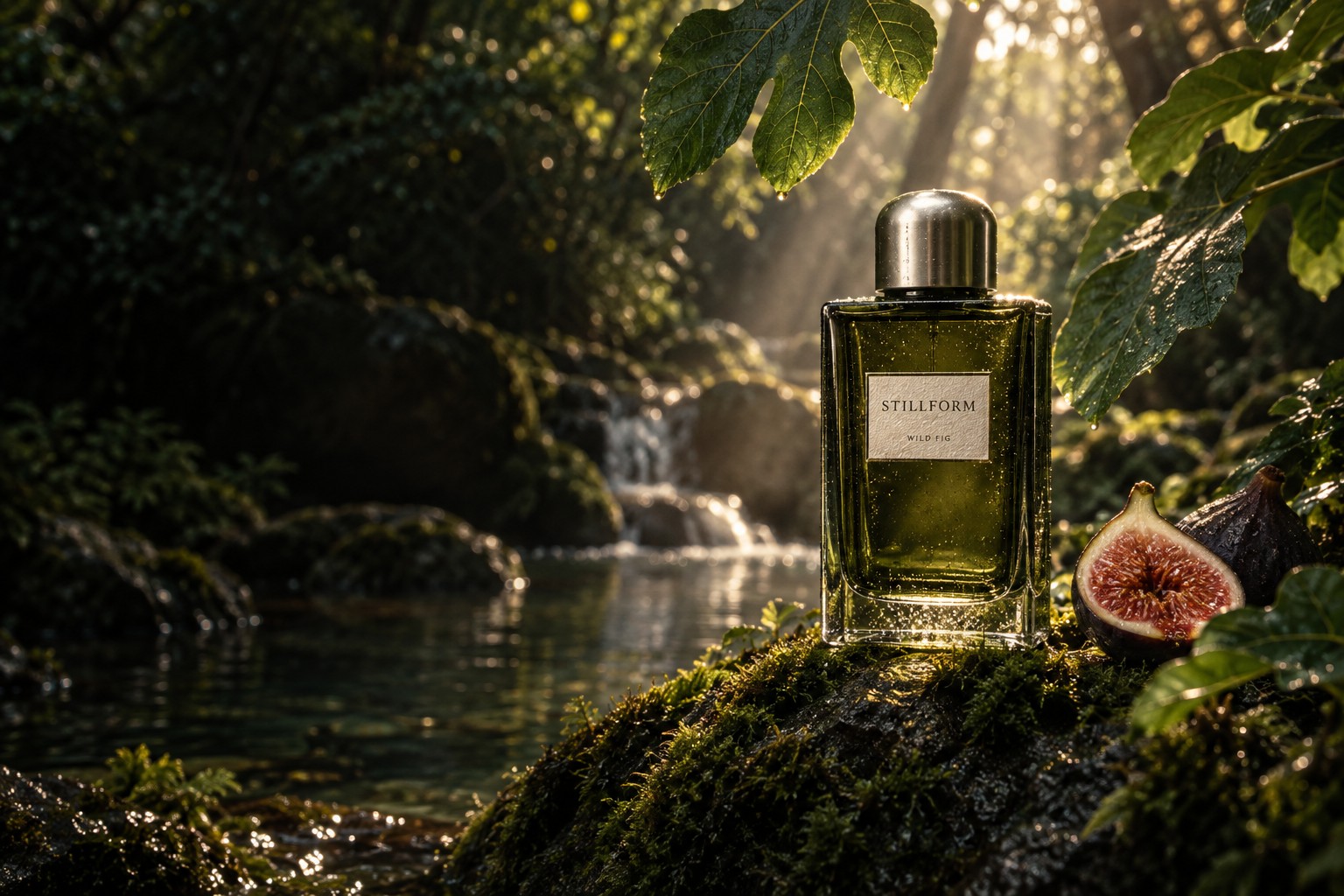 Wild Fig perfume in a sunlit woodland with fig leaves and moss-covered stone